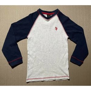 U.S. Polo Assn. Boys S Small (8) Thermal Shirt Grey W Navy Blue Long Sleeve Logo